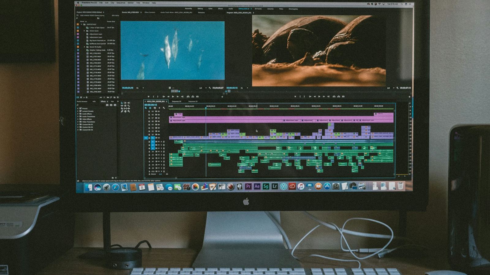 Multi-track video editing timeline on a desktop monitor