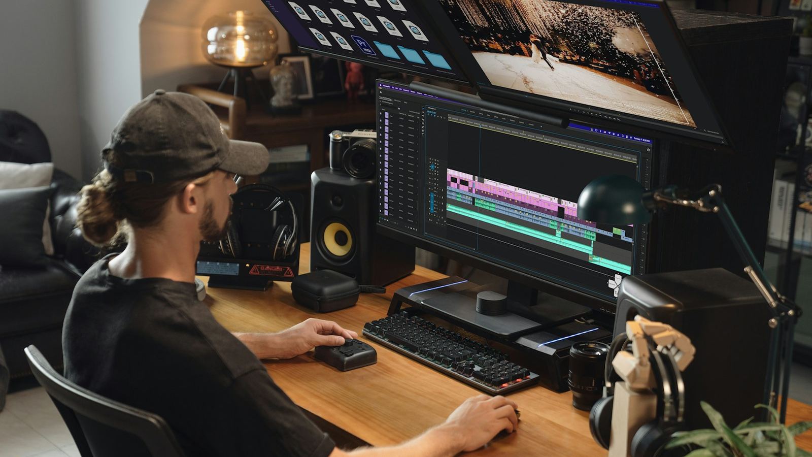 Video editor working on a multi-track timeline at a desk with two monitors