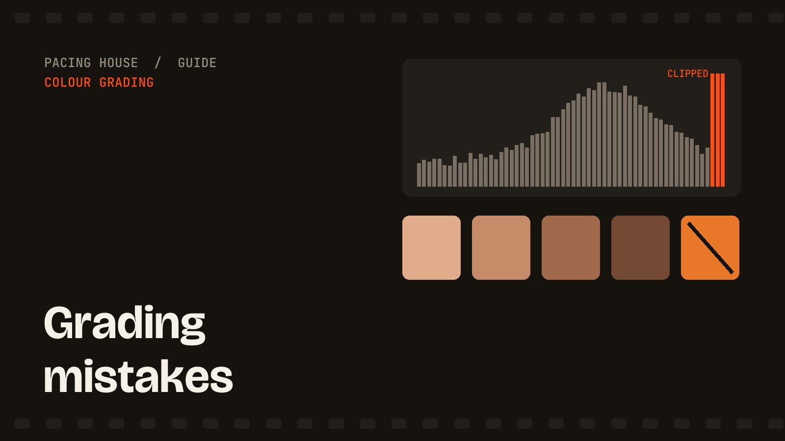 Histogram with clipped highlights beside skin tone swatches, one pushed orange